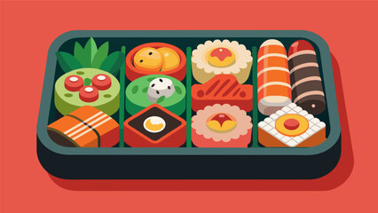 An eclectic bento box filled with assorted sushi rolls savory rice balls and a variety of pickled vegetables.. Vector illustration