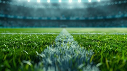 Close up soccer field lines. Background soccer pitch grass football stadium ground view. Grass macro in sports arena. with lights background