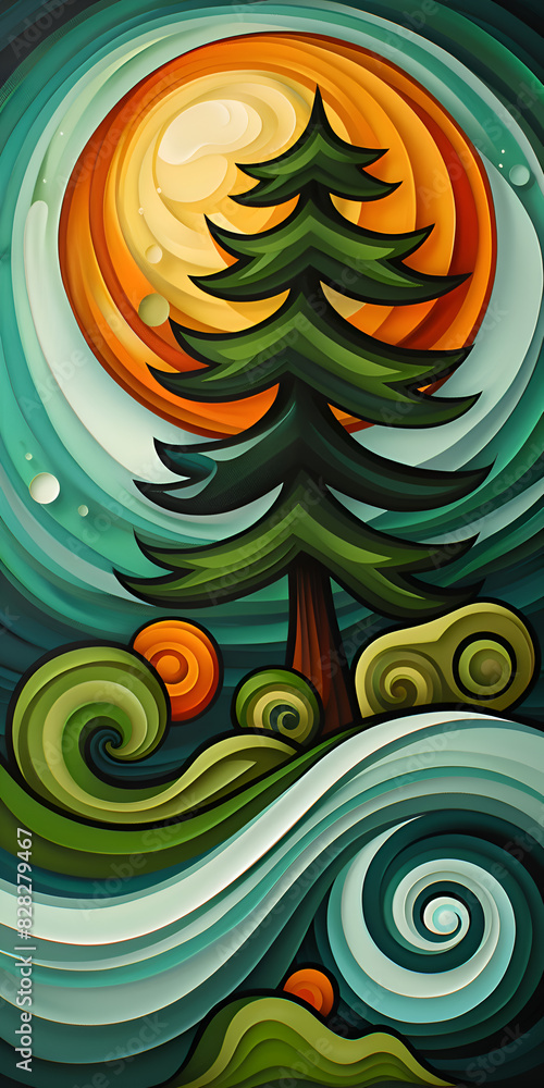 Poster a tree is depicted in a painting with a blue ocean in the background. the tree is surrounded by a sw