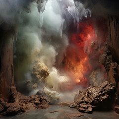 there is a large cave with a waterfall and a red and orange cloud