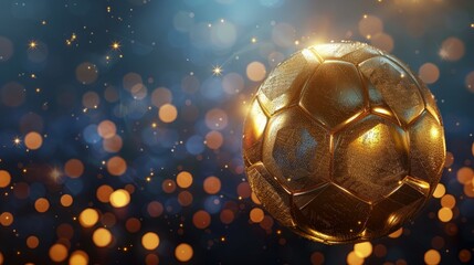 Close-up of golden soccer globe with stars on stadium lights background with space for text. Sport, competition and championship concept. Golden football cup