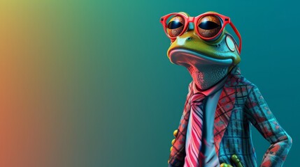 Cool looking frog wearing funky fashion dress - jacket, tie, glasses. Wide banner with space for text left side. Stylish animal posing as supermodel. Generative AI