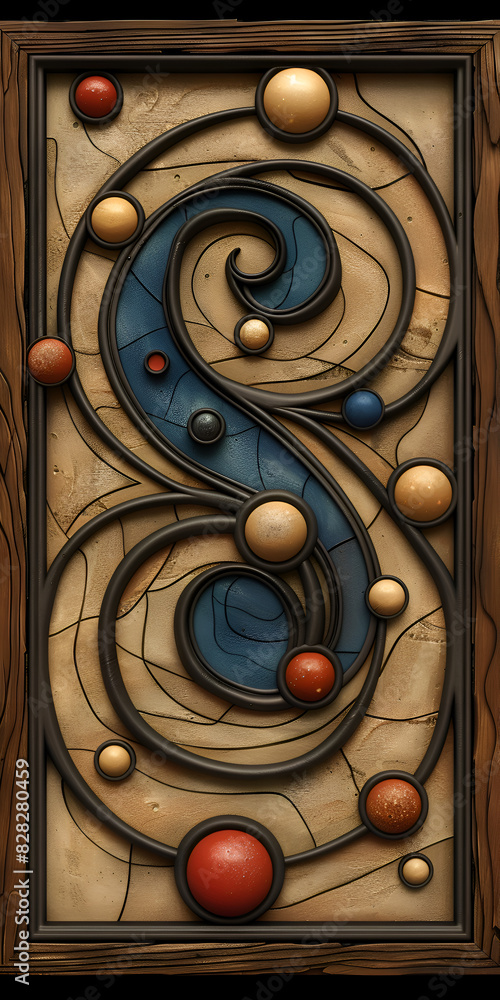 Poster a wooden frame with a spiral design and a large s in the middle. the frame is made of wood and has a