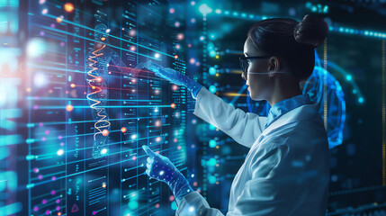 A woman in a lab coat and safety goggles is working on a futuristic touch screen computer.

