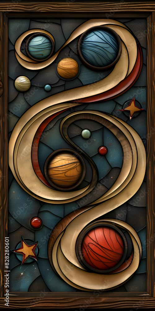 Poster a wooden frame with a spiral design and a large s in the middle. the frame is made of wood and has a