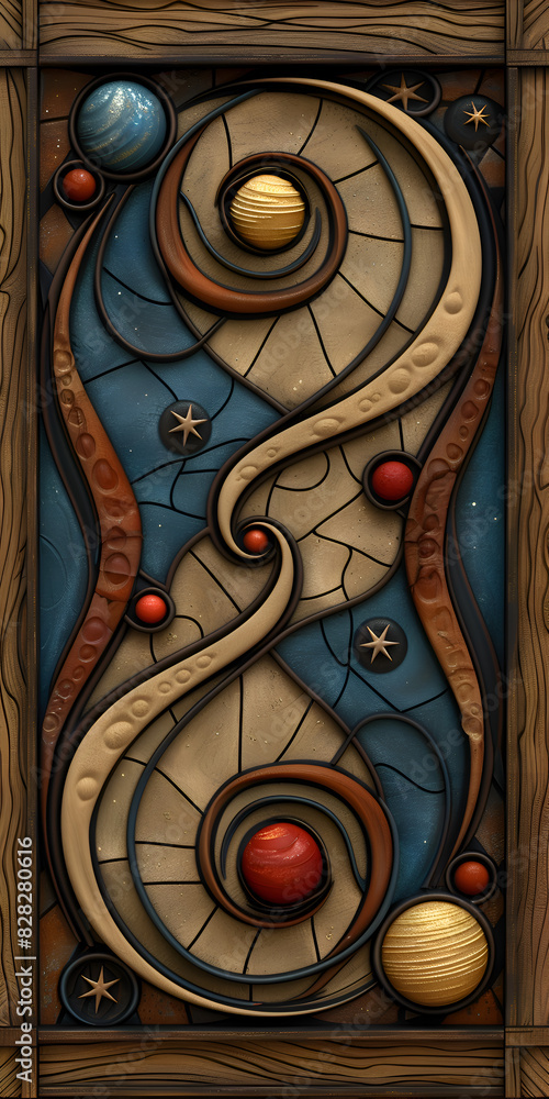 Poster a wooden frame with a spiral design and a large s in the middle. the frame is made of wood and has a