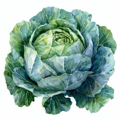 Obraz premium Detailed watercolor illustration of a green cabbage, highlighting its layers and natural texture in a botanical style.