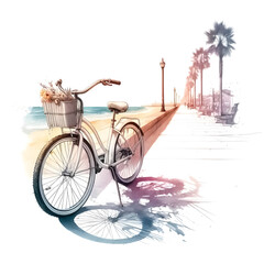An illustration for summer, rendered in watercolor style, Beach bike clipart parked by the boardwalk.