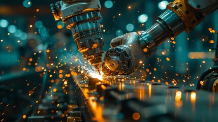 close-up of a robotic arm with a welding torch creating sparks as it joins two pieces of metal together.