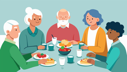 A group of seniors gather around a communal table enjoying a flavorful and nutrientrich meal together as a result of their dietitians healthy meal planning efforts.. Vector illustration