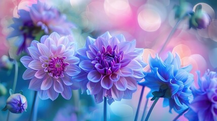 Several flowers with elongated form in shades of purple and blue set against a nature inspired floral backdrop outdoors