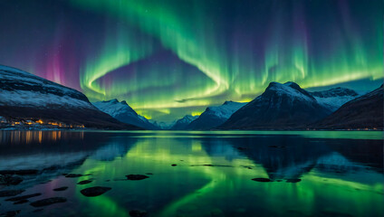 Beautiful landscape with a calm lake surrounded by mountains with the magical northern lights dancing the night sky