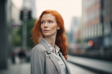 A woman with red hair is standing on a sidewalk in front of a building