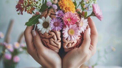 Hands holding paper head, human brain with flowers, self care and mental health concept, positive thinking, creative mind, generative AI used for brain