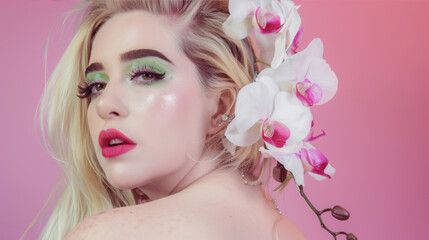 Naklejka premium Blonde girl on a pink background with flowers near her face 