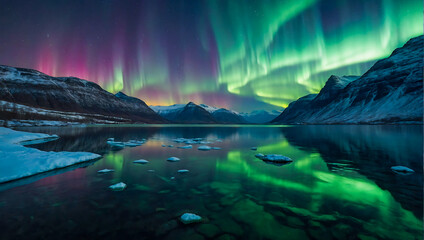 Beautiful landscape with a calm lake surrounded by mountains with the magical northern lights dancing the night sky