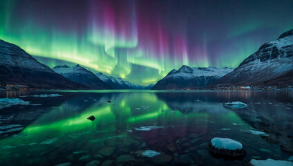 Beautiful landscape with a calm lake surrounded by mountains with the magical northern lights dancing the night sky