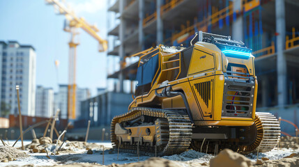 A yellow bulldozer is parked at a construction site with a tall yellow crane in the background.

