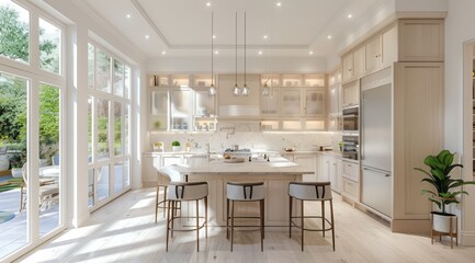 Fototapeta premium A light-filled kitchen interior featuring pale wood accents, recessed lighting, and an airy ambiance that creates a welcoming space for cooking and gathering