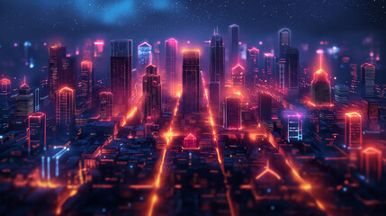 Vector illustration of a smart city on a wireless signal floor. Iconic technology references. All elements are in separate layers . Easy to modify. 