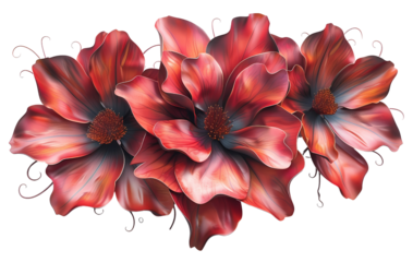 Vibrant red flowers with dark centers on a transparent background, showcasing detailed petals and artistic arrangement.