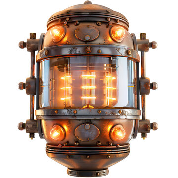 Steampunk-style futuristic glowing machine with intricate designs and warm lighting, perfect for sci-fi themed concepts and creative projects.