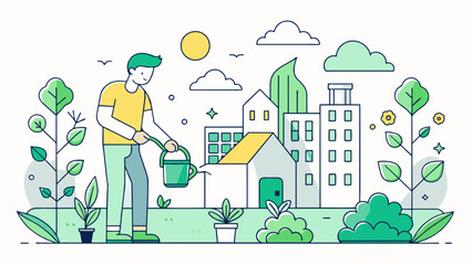  A minimalist line art design of a person watering a thriving community garden. vector illustration