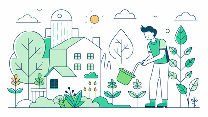 A minimalist line art design of a person watering a thriving community garden. vector illustration