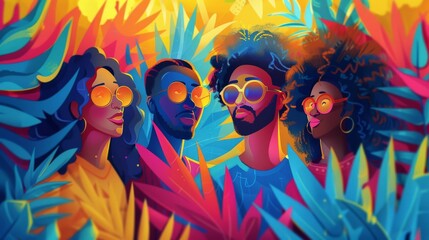Illustrate colorful hand-drawn art featuring happy cartoon characters in a simplistic and engaging style. Use bold and vibrant colors to create lively and joyful scenes that capture the essence of