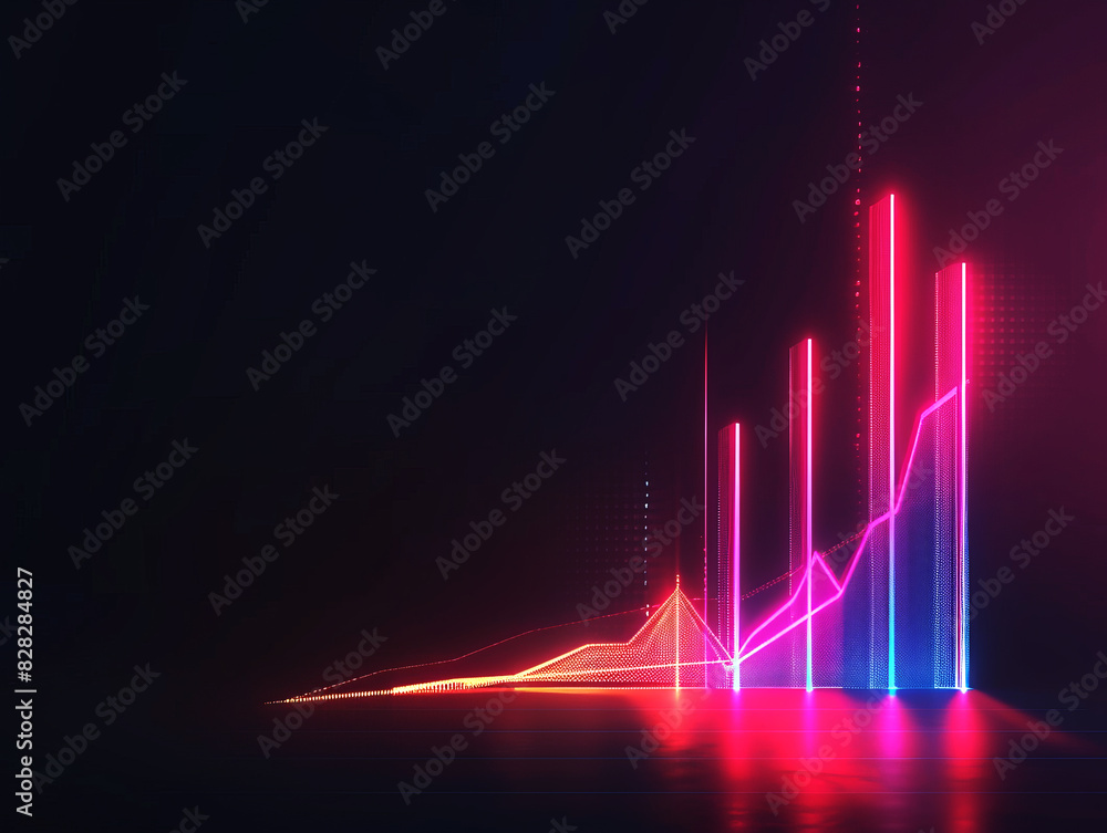 Poster neon bar graph on dark background, concept of futuristic data analysis. generative ai