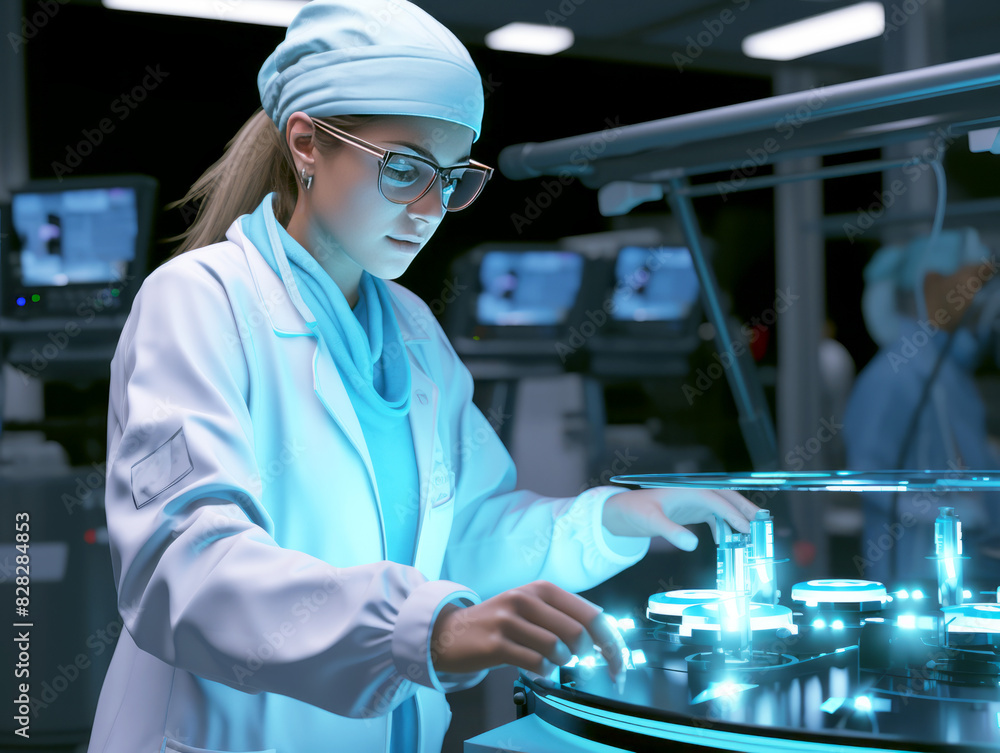 Poster A scientist analyzing futuristic technology in a lab, with a dark, high-tech background. Concept of advanced research. Generative AI