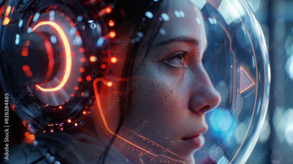 Poster person talking with robotic ai.futuristic technology or machine learning concepts.generative ai tech