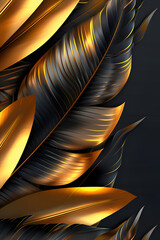 A gold and black leafy plant with a shiny, metallic appearance. The leaves are arranged in a way that creates a sense of depth and movement. Scene is elegant and sophisticated