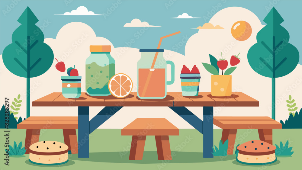 Poster a rustic outdoor setup with wooden tables mason jars and a refreshing selection of fruity tails and 
