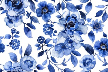 Watercolor Seamless pattern with blue and white