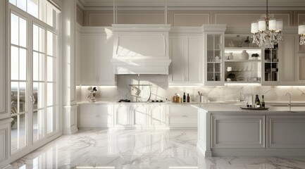 A beautifully designed kitchen with white cabinetry, marble countertops, and abundant natural light streaming through large windows, creating a welcoming and inviting ambiance for cooking and dining