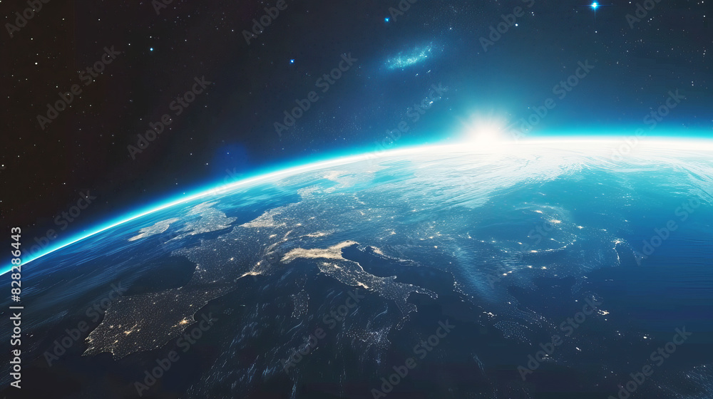 Poster a vibrant view of earth from space, with sunbeams illuminating the planet against a starry sky, symb