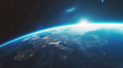 Fototapeta premium A vibrant view of Earth from space, with sunbeams illuminating the planet against a starry sky, symbolizing exploration. Generative AI