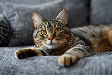Tabby Cat Resting on a Comfortable Couch