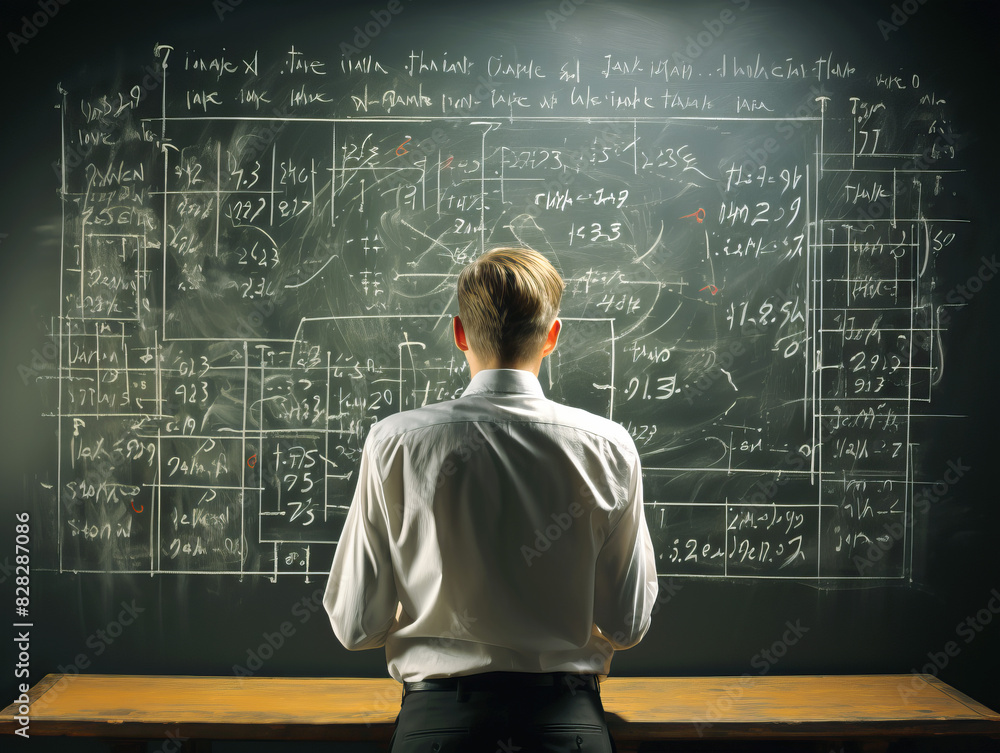Poster A person in front of a blackboard filled with complex equations, contemplating a problem, against a dark background, embodying the concept of problem-solving. Generative AI