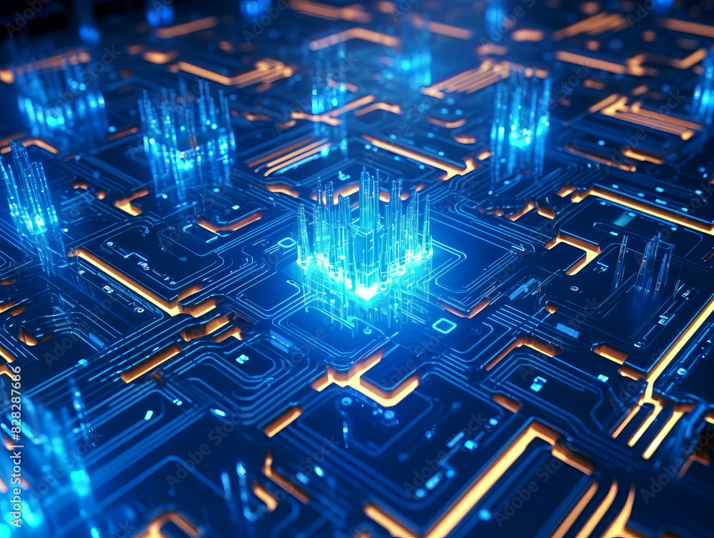 Poster a detailed image of a circuit board with glowing blue elements on a dark blue background, symbolizin
