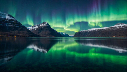 Beautiful landscape with a calm lake surrounded by mountains with the magical northern lights dancing the night sky