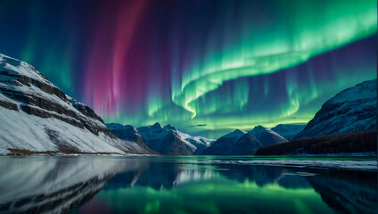 Beautiful landscape with a calm lake surrounded by mountains with the magical northern lights dancing the night sky