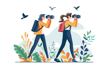 Entrepreneurs using binoculars to navigate towards success, guided by lighthouse, symbolizing vision and strategic analysis.