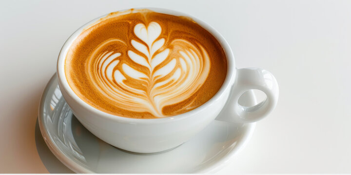 Cup of cappuccino on a white background with latte art