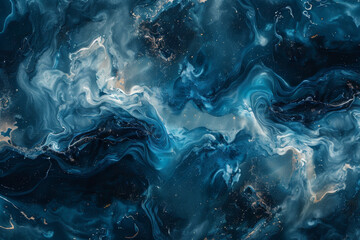 A blue ocean with gold and silver swirls