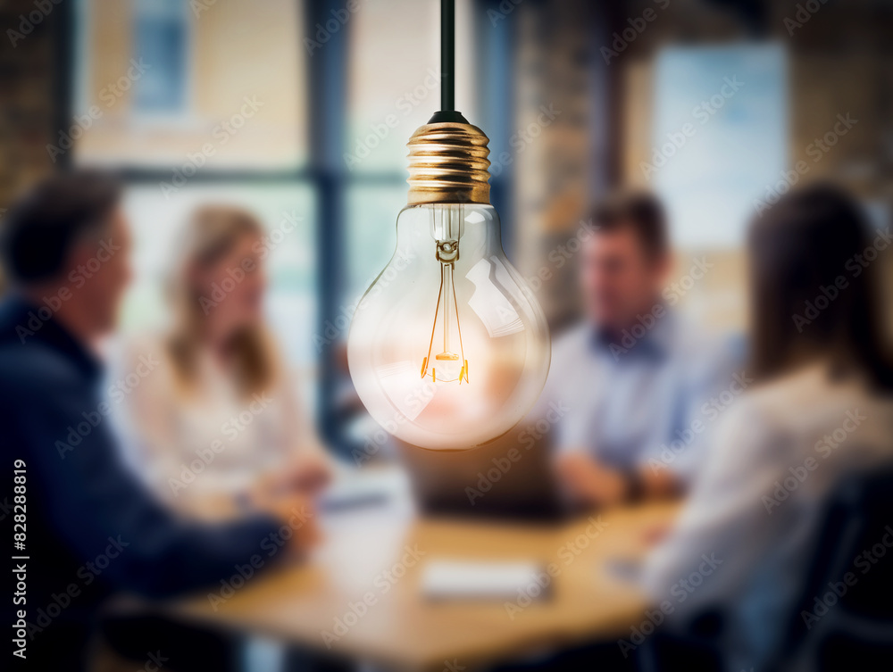 Poster a light bulb in focus with a blurred meeting in the background, concept of innovation and ideas. gen