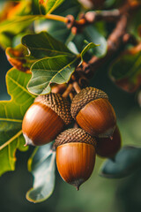 A cluster of acorns hanging from a tree branch