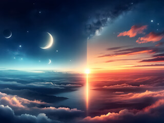 A surreal landscape depicting a transition between day and night, featuring a crescent moon and stars on one side and a vibrant sunset on the other, with clouds floating over a serene ocean.