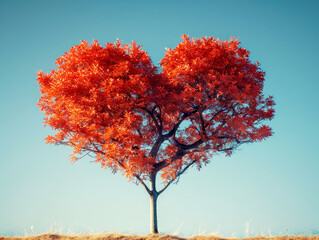 A tree with foliage shaped like a heart against a clear blue sky, showcasing a love concept. Generative AI